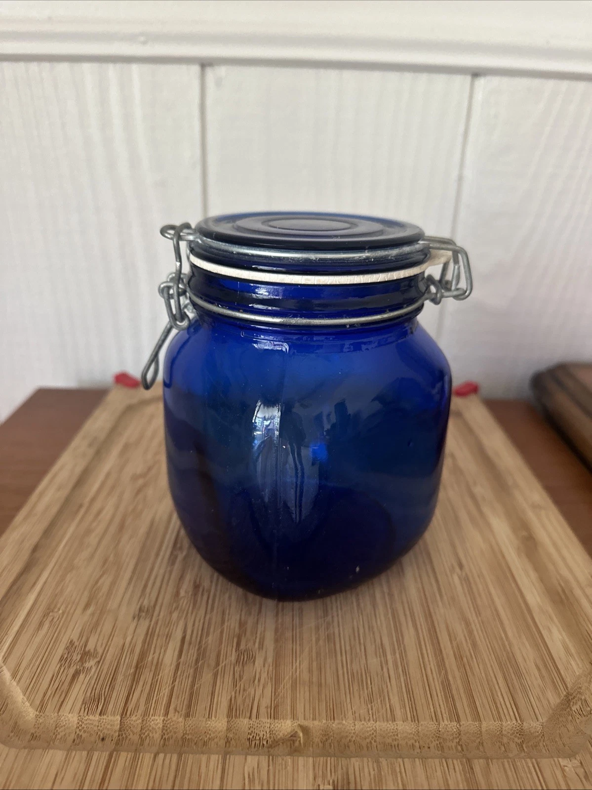 VTG Retro Cobalt Blue Canister Pressed Ribbed Glass - Metal Wire Bail Mason Jar