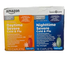 Amazon Basic Care Severe Cold & Flu Combo Pack - 32 caps / 16 caps - Exp 12/25