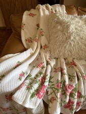 Morgan Jones Vintage White Waffle Blanket Pink Roses Satin Trim 