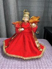 Vintage 1984 Kurt Adler Angel Christmas Tree Topper Red Dress Gold Wings Crown