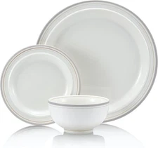 PorGlaze 12-Piece Porcelain Chip and Scratch Resistant Round Dinnerware Set, Pla