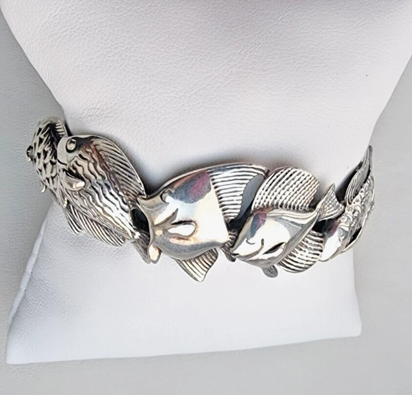 PULSERA BRAZALETE KABANA VINTAGE PLATA ESTERLINA 925 VIDA MARINA PECES Foto 2 de 4