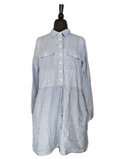 Gap Blue Plaid Long Sleeve Drawstring Button Up Shirt Dress Size S