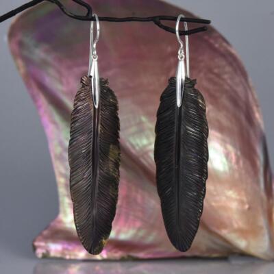 Black Crow Feather Earrings Carved Shell & solid 925 Sterling Silver 9.74g