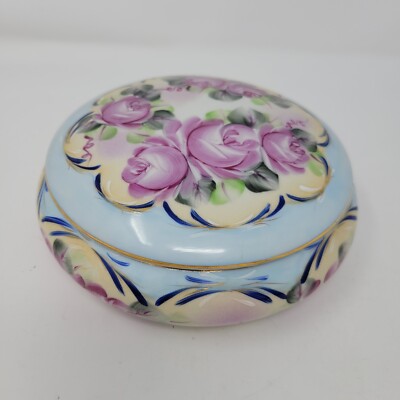 Vintage Nippon Pink Flower Trinket/ Jewlery/ Vanity Bowl With Lid Pink & Blue