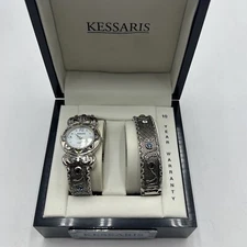KESSARIS WOMEN'S DECORATIVE SILVER TONE MATCHING WATCH BRACELET SET IN BOX - NOS