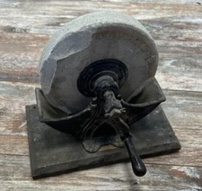 HB & M Antique Tabletop Grindstone Grinder Hand Powered Cast Iron 6” Stone 