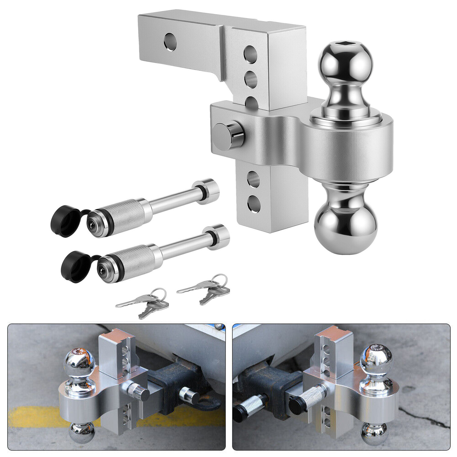 2'' Receiver 6'' Drop Rise Adjustable Trailer Tow Hitch Dual Ball-W ...