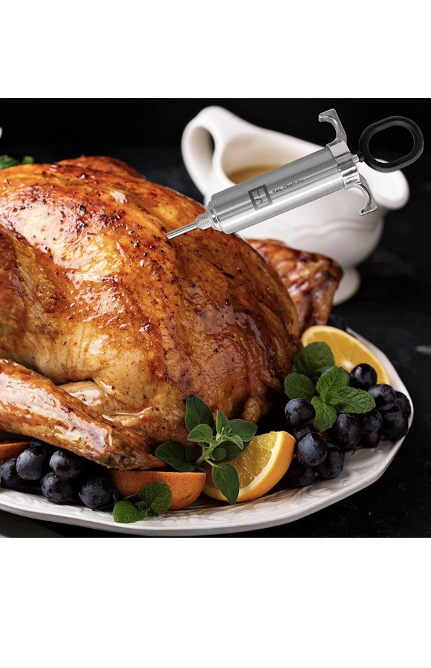 Jeringa inyectora de carne de adobo agujas de acero inoxidable garras termómetro cepillo Foto 4 de 4