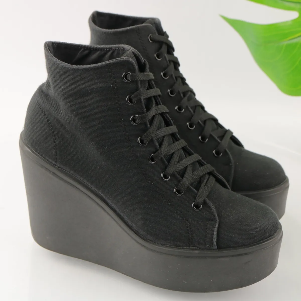 TOPSHOP Women&#039;s Humble Platform Wedge Sneaker 38 7 Black Lace Up | eBay
