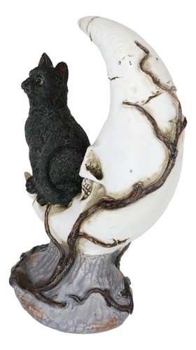 Witching Hour Halloween Black Cat Sitting On Crescent Moon Skull Figurine - Picture 4 of 7