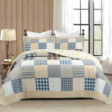 NEW COZY CLASSIC BLUE BROWN BEIGE PLAID BOY CABIN STRIPE BOYS LODGE QUILT SET