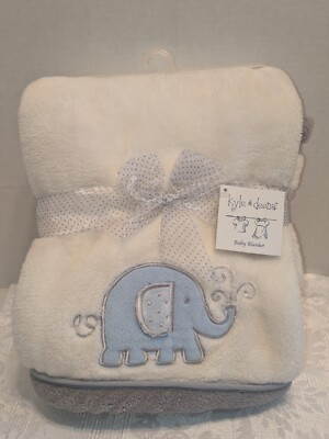 Kyle Deena Plush Baby Blanket White with Blue Elephant 30