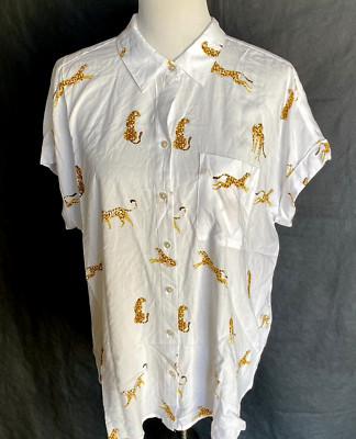 JANE & DELANCEY Size XL White Cheetah Print Short Slv Button-Up Shirt Top Womens