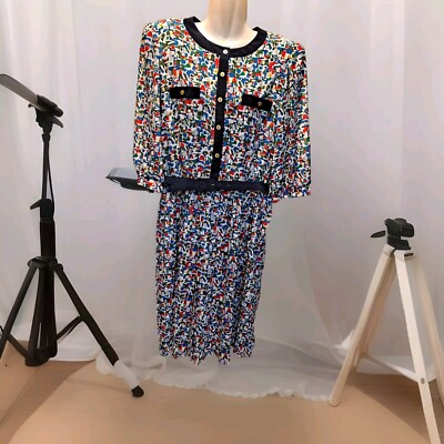 VINTAGE Breli Originals Blue Floral Pleated 80s Secretary Belted Dress Size 14?