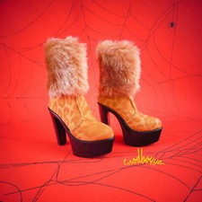 1/3SD BJD Doll Shoes High Heels Brown Leopard Platform Ankle Boots with Fur Cuff
