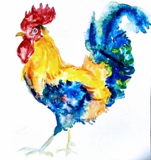 Colorful rooster chicken bird art,Watercolor painting signed,nature lover gift 