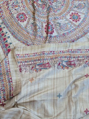 Saree Silk Madhubani Design Golden Cream Tasseled Unstitched Blouse  Party Wear