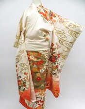 Japanese Vintage Kimono Furisode Silk Gold Embroidery Made in Japan eb-1581