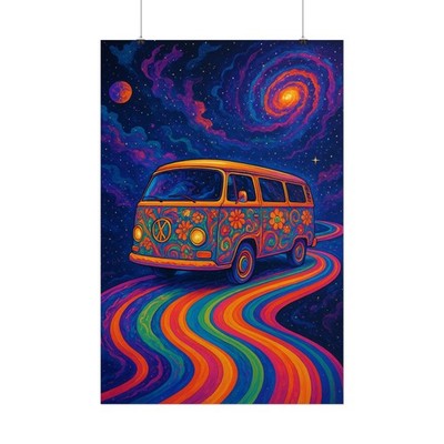 Psychedelic Camper Van Poster   Cosmic Road Trip Wall Art, Hippie Van Print