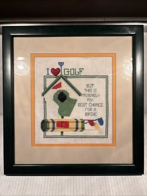 I Love Golf But This Is BEST CHANCE FOR A BIRDIE CROSS STITCH Framed Picture VTG