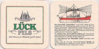 Brewery Zur Walkmühle, Lübeck - old beer mat ''Lück Pils - Fehmarnbelt''