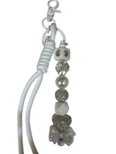 White Beaded Keychain With Rhinestone  Pearl Accents Heart  Bow Details Lobste