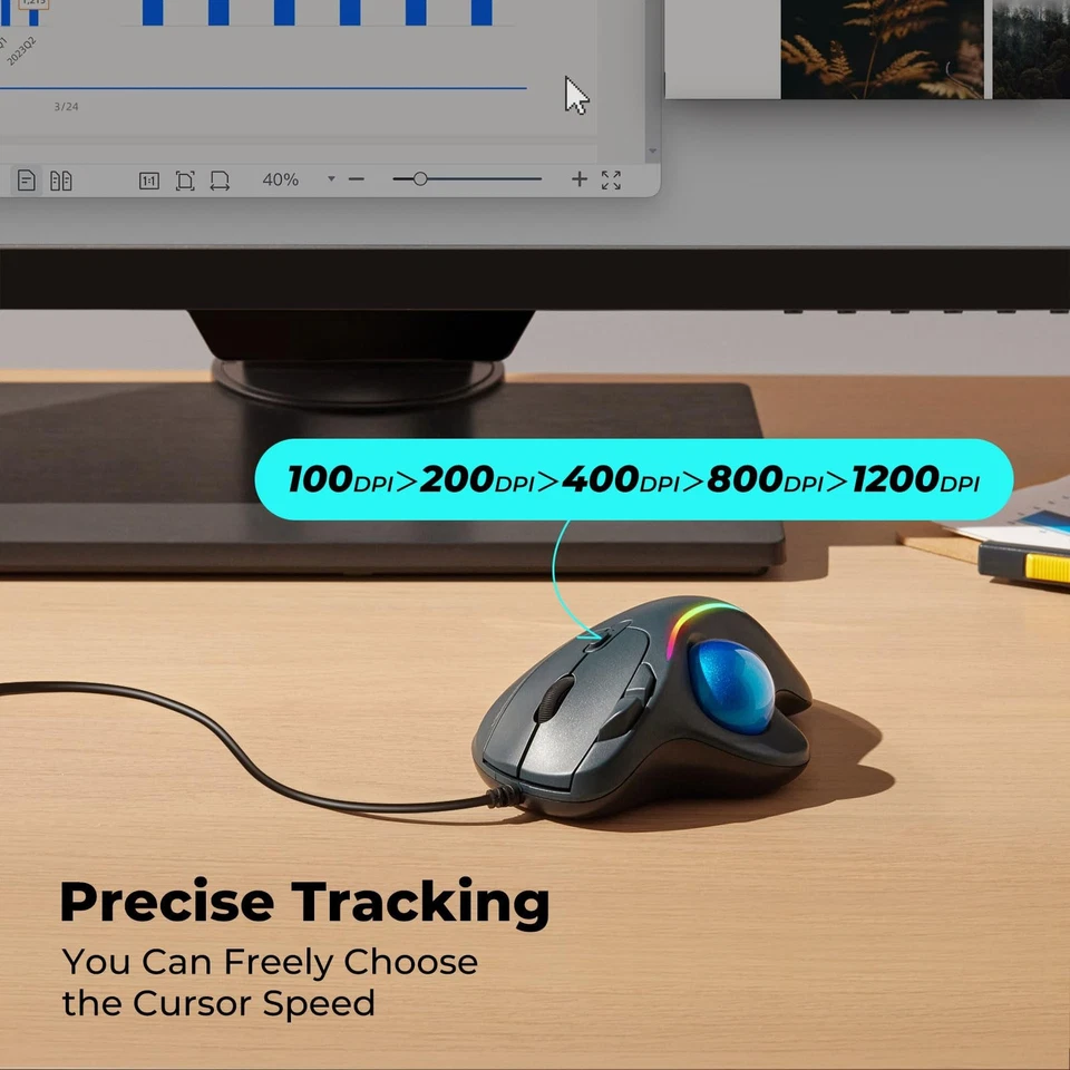 Wired Trackball Mouse with RGB Lighting, Ergonomic Thumb Control to Reduce Mu... - Image 4 of 4