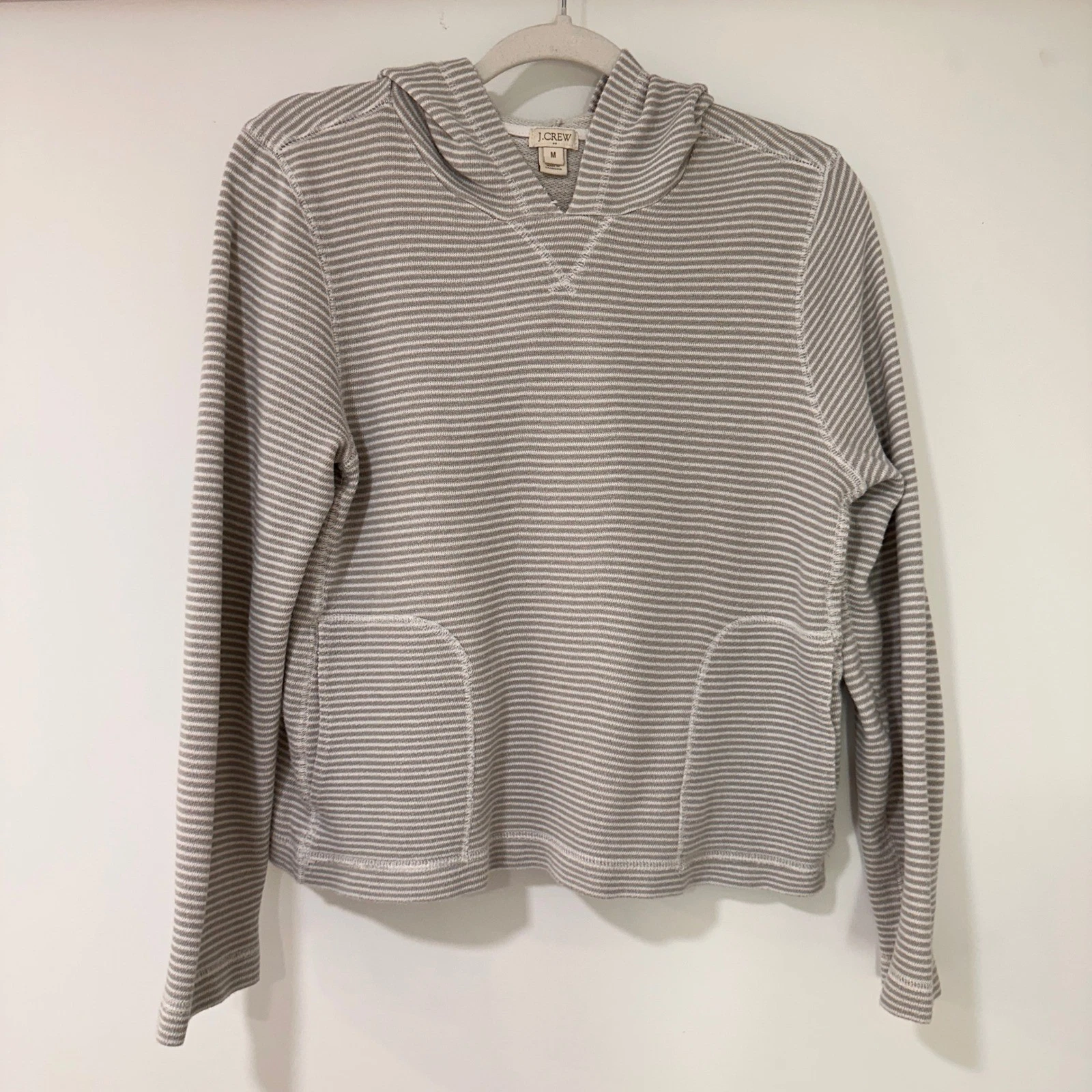 J.Crew Striped Cotton Hoodie Women Medium Grey White Pockets | Coastal Preppy