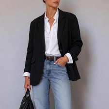 FREE PEOPLE Black Linen Oversized Luxury Boyfriend Tailored Blazer Jacket XS/S/M