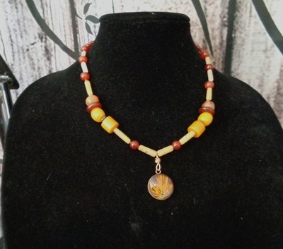 Artisan crafted, 15mm round resin and dried flower pendant on vintage and gemsto