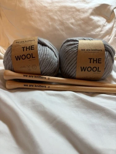 We Are Knitters The Wool 100% Wool yarn 2 Skeins Grey + Size 15 Knitting Needles - product listing photo