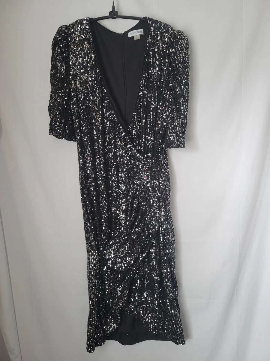 calvin klein women's sequined faux-wrap sheath dress Calvin Klein Size 8 Gold V-Neck Sequin Mesh Dress 3/4 Sleeve Sheath Cocktail D2
