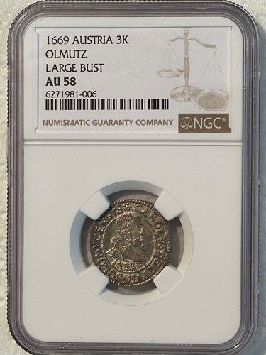 1669 Austria 3 Kroner Olmutz Large Bust NGC AU 58 -FREE SHIPPING-