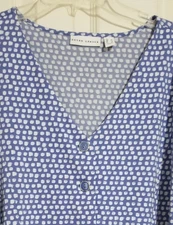 Susan Graver Women Size L Large Blue Geometric Liquid Knit Button Front SS Tie