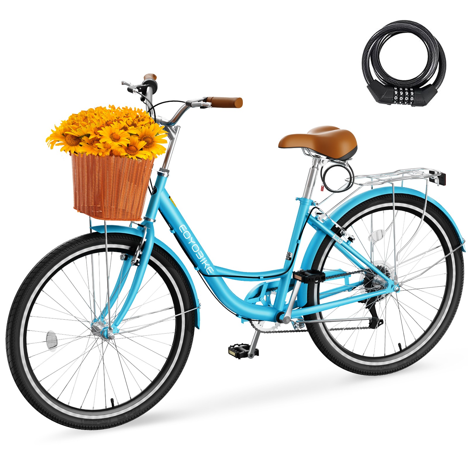 NAIZEA Blue Bike 26 inch 7 Speed Bike for Adults Beach Cruiser Bike With Lock