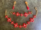 Vintage Costume Jewelry Set Neclace Bracelet & Earrings Signed Red Floral