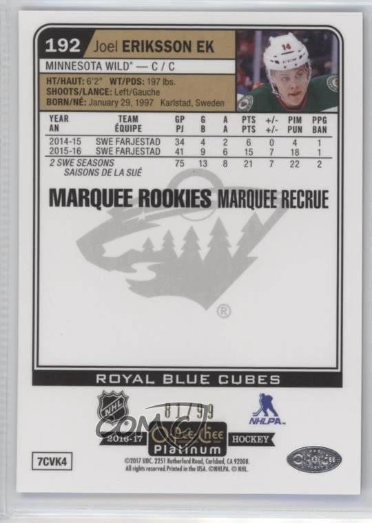 2016-17 O-Pee-Chee Platinum Royal Blue Cubes /99 Joel Eriksson Ek #192 Rookie RC - Image 2 of 2