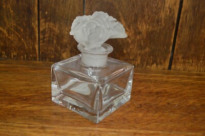 PUTHOD CRISTALLI Lead Crystal Square Perfume Bottle W/ Four Rose Flower Stopper 