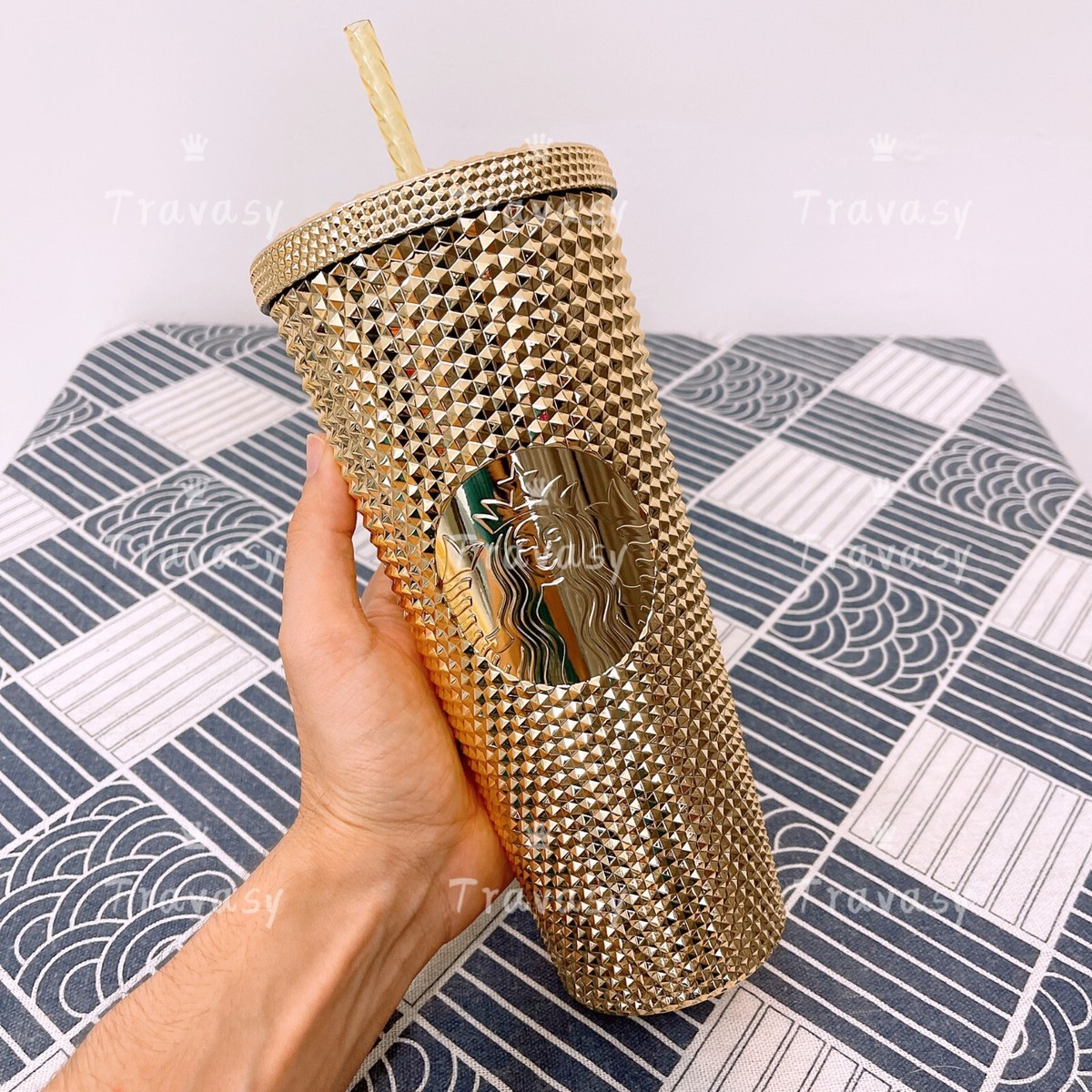 Authentic Starbucks Thailand Shiny Glossy Gold Cold Cup Studded