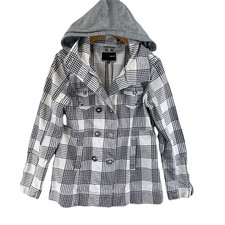 Hurley Jacket Womens Small White Gray Plaid Cotton Full Zip Button Pockets Hood