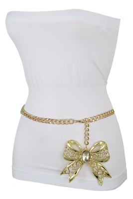 Women Hip High Waist Belt Gold Metal Chain Bow Tie Holidays Buckle