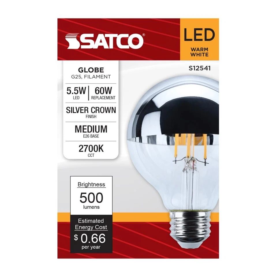 Satco S12541 - 5.5 Watt LED G25 Bulb - Silver Crown - 2700K (2, 6, OR 12 Pack) - Image 2 of 4