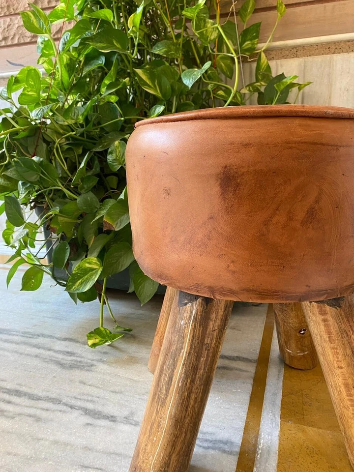 Vintage Leather Ottoman Stool, Dining Kitchen Pub Foot Stool, Modern Bar Stools - Image 3 of 4