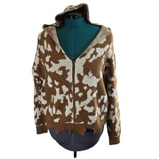Willow & Root Buckle Knit Sweater Hooded Animal Print Frayed Hem Size XS