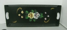 Black Floral Toleware Long Rectangle Vanity Tray Hand Painted Reticulated Rim 