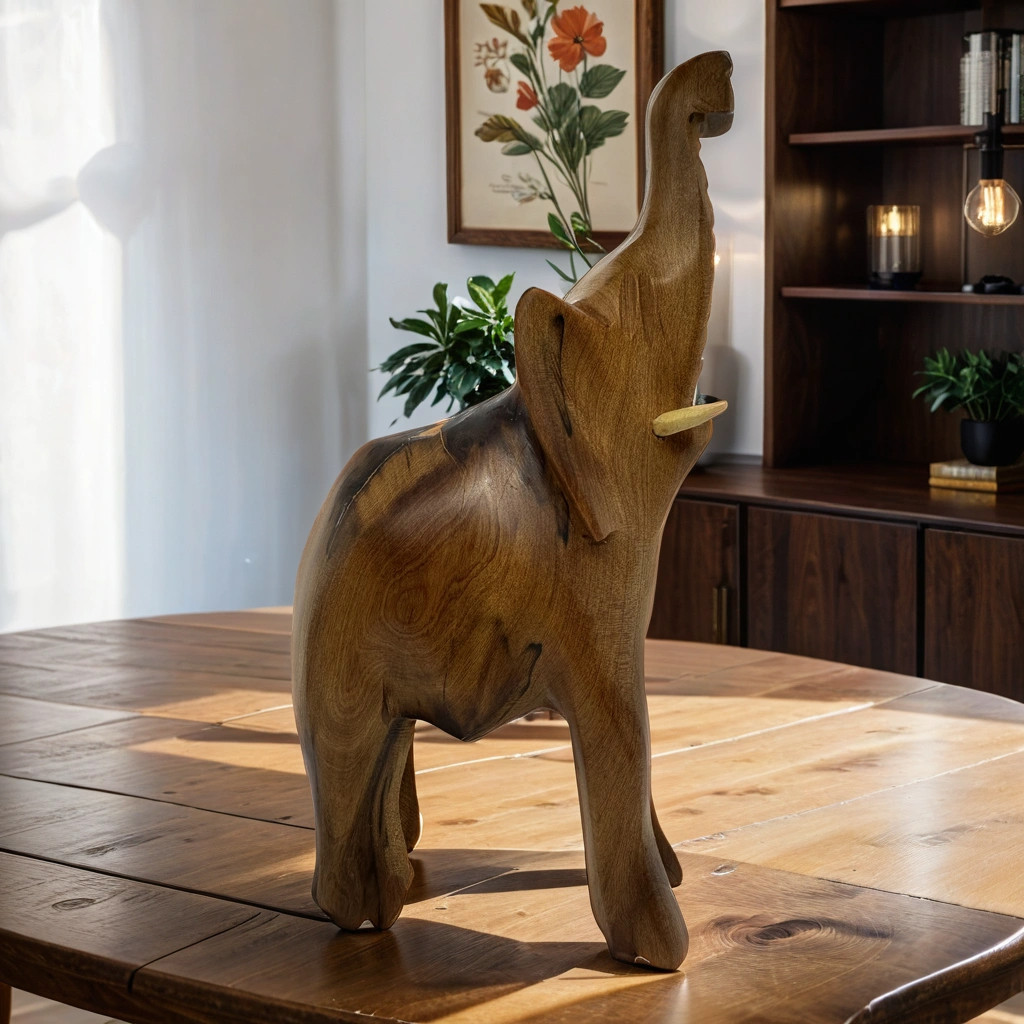 Éléphant de décoration intérieur en bois sculpté symbole de chance et sagesse