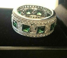 Eternity Engagement Band Ring 925 Sterling Silver Princess Lab-Created Emerald