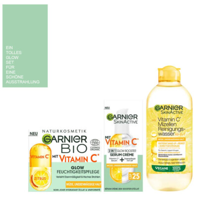 3tlg. Glow- Set | Garnier Bio Vitamin C Glow Tagescreme | Serum | Mizellenwasser