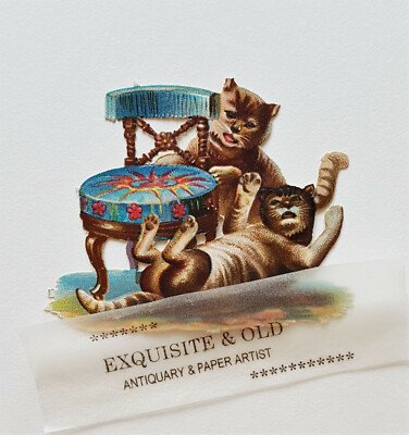 um 1900 Katze Stuhl Tier Glanzbild Prägedruck Ephemera Luxuspapier Geschenk Deko